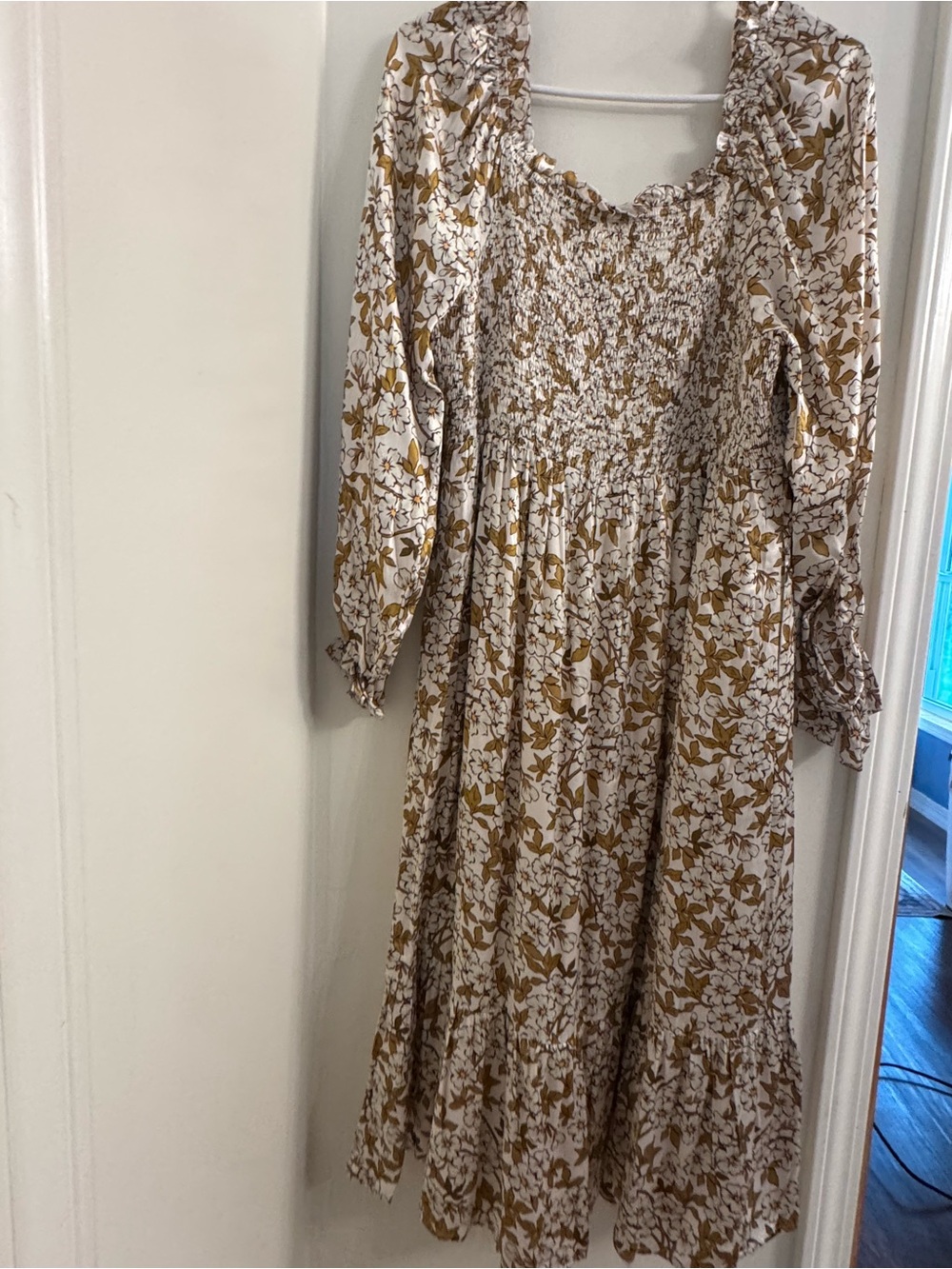 Smocked Midi Dress in White and Mustard Floral
